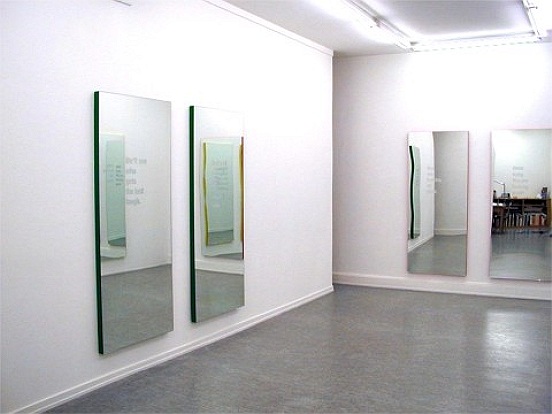 Mirror-Diptychon, 2004, Mirror , text engraving , Aluminum, presentation size aprox 185  x 185  cm (two mirrors)