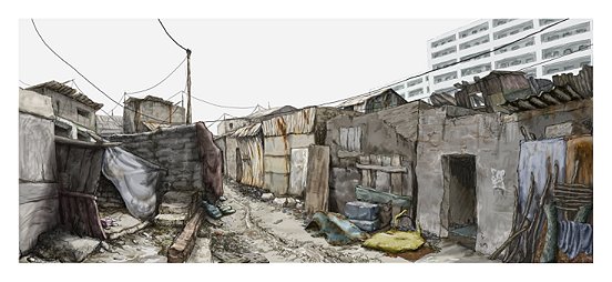 "Großer Slum 3", 2008, Computerzeichnung / computer drawing, 110cm x 236cm