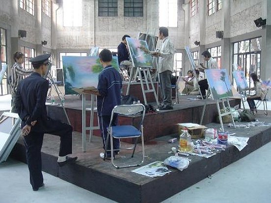 Performance installation, 40 paintings (oil on canvas, each 60 x 90 cm) were produced by 13 painters from Dafancun-Village/Shenzhen at the 2nd Guangzhou Triennial. Quandong Museum of Art, time 3-7 pm,November 18, 2005, Venue: Exhibition site of the 2nd Guangzuhou Triennial