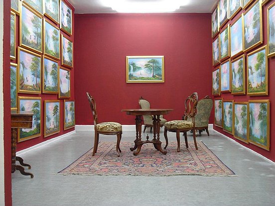 Installation, 40 paintings produced at the 2nd Guangzhou Triennail were framed in golden frames and hung in a salon style in a room painted in red and furnitued like a traditional German drawing room. Venue: L.A.Galerie – Lothar Albrecht, Frankfurt, Germany