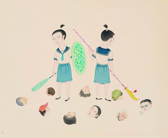 No Boys in Girls’ School; Chinese ink and gouache on dyed silk